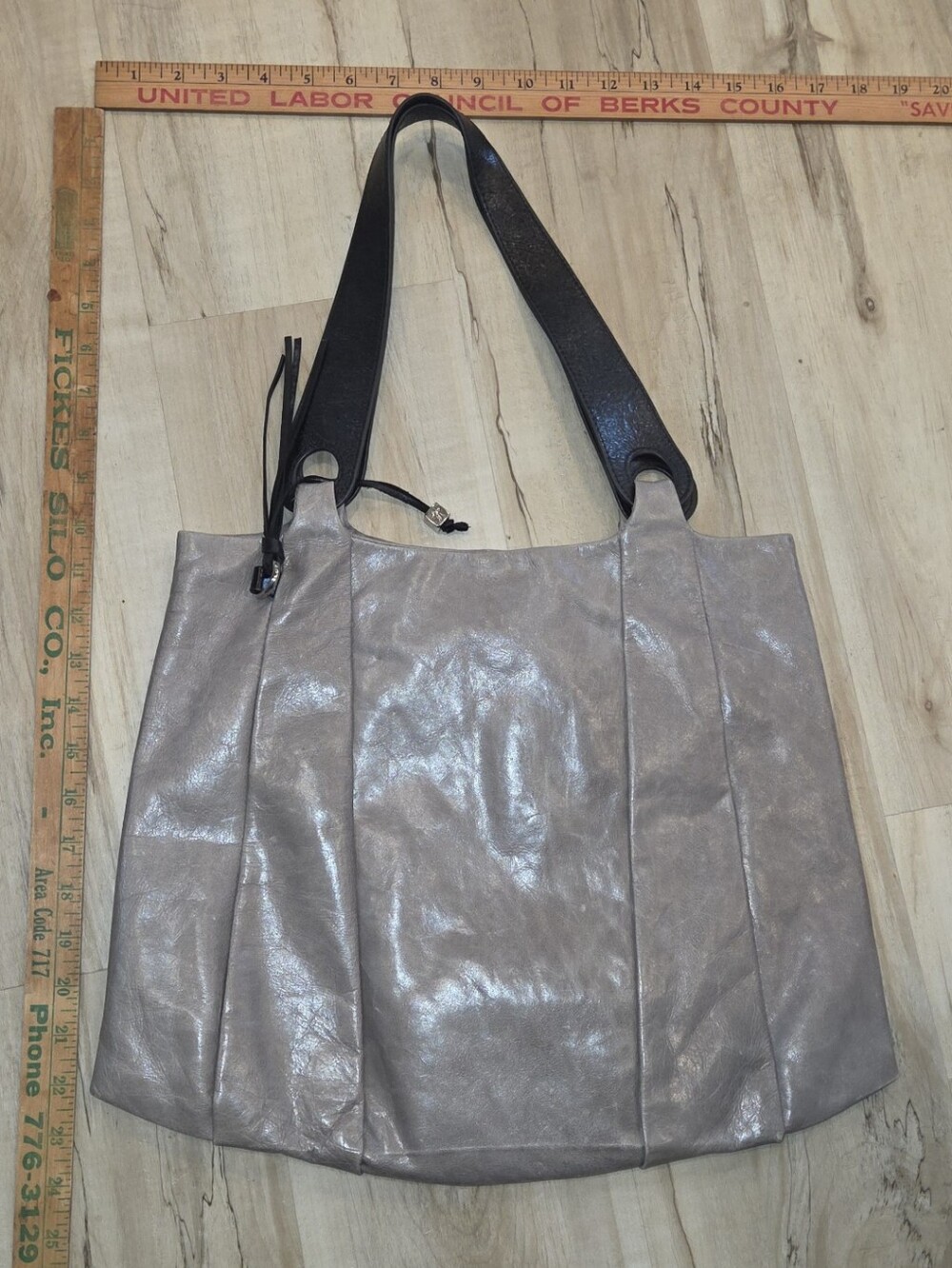 HOBO original Gray Leather Tote Bag with Black Handles
